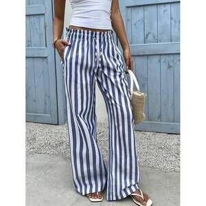 EZwear Women's Blue Striped Woven Wide Leg Pants Striped Casual Comfortabl